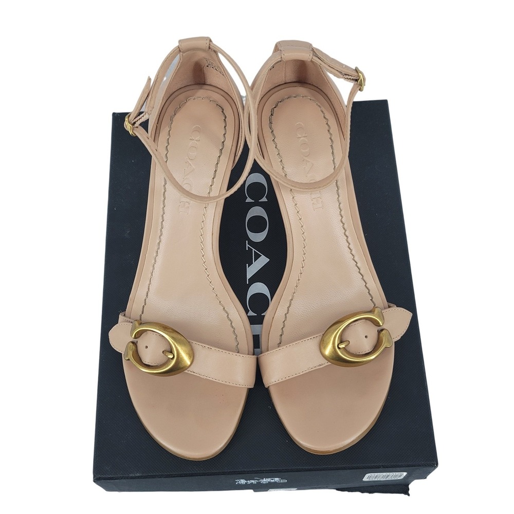 Coach Odetta Wedge Sandals 6.5 Nude Leather Ankle Strap Gold Buckle Designer